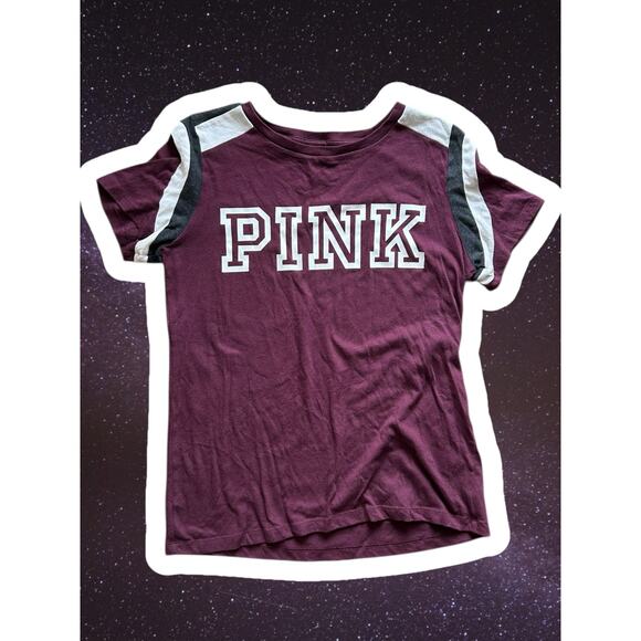 Victoria’s Secret Women’s PINK Varsity Style Burgundy Logo Tee Size Medium - Picture 1 of 4